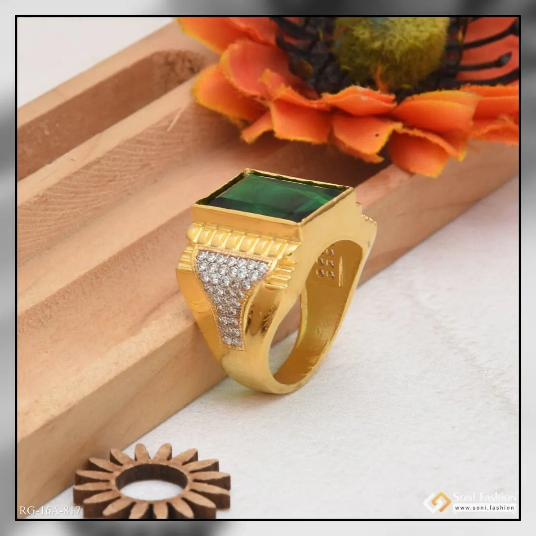 1 Gram Gold Forming Green Stone with Diamond Antique Design Ring for Men - Style A817