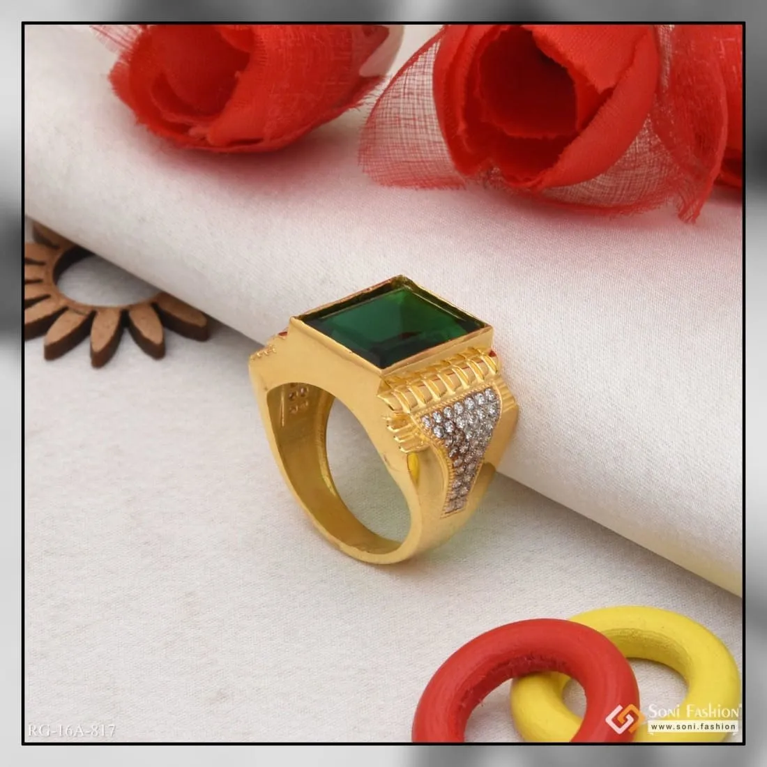 1 Gram Gold Forming Green Stone with Diamond Antique Design Ring for Men - Style A817