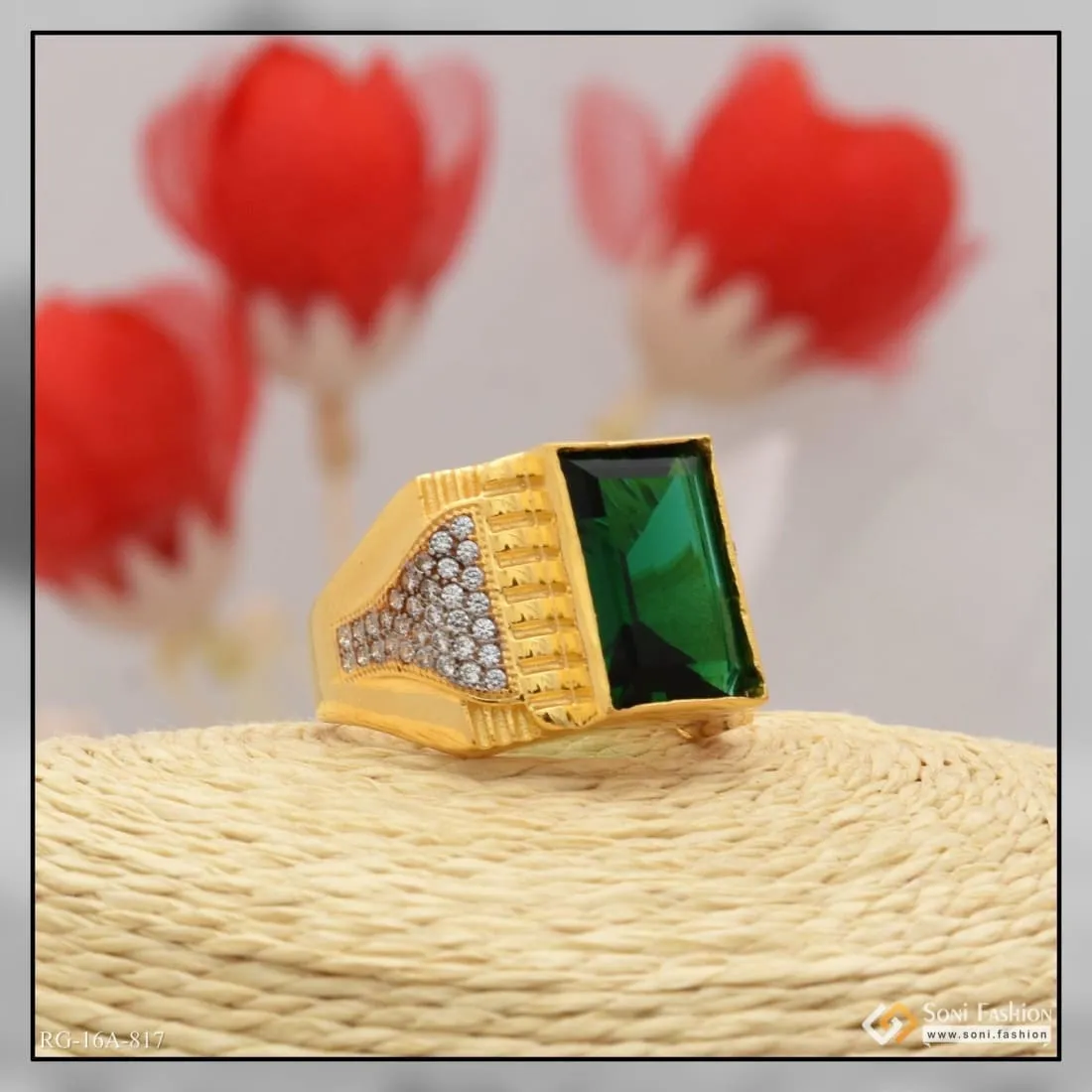 1 Gram Gold Forming Green Stone with Diamond Antique Design Ring for Men - Style A817
