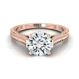 14K Rose Gold Round Brilliant  Hand Engraved Vintage Cathedral Style Solitaire Engagement Ring