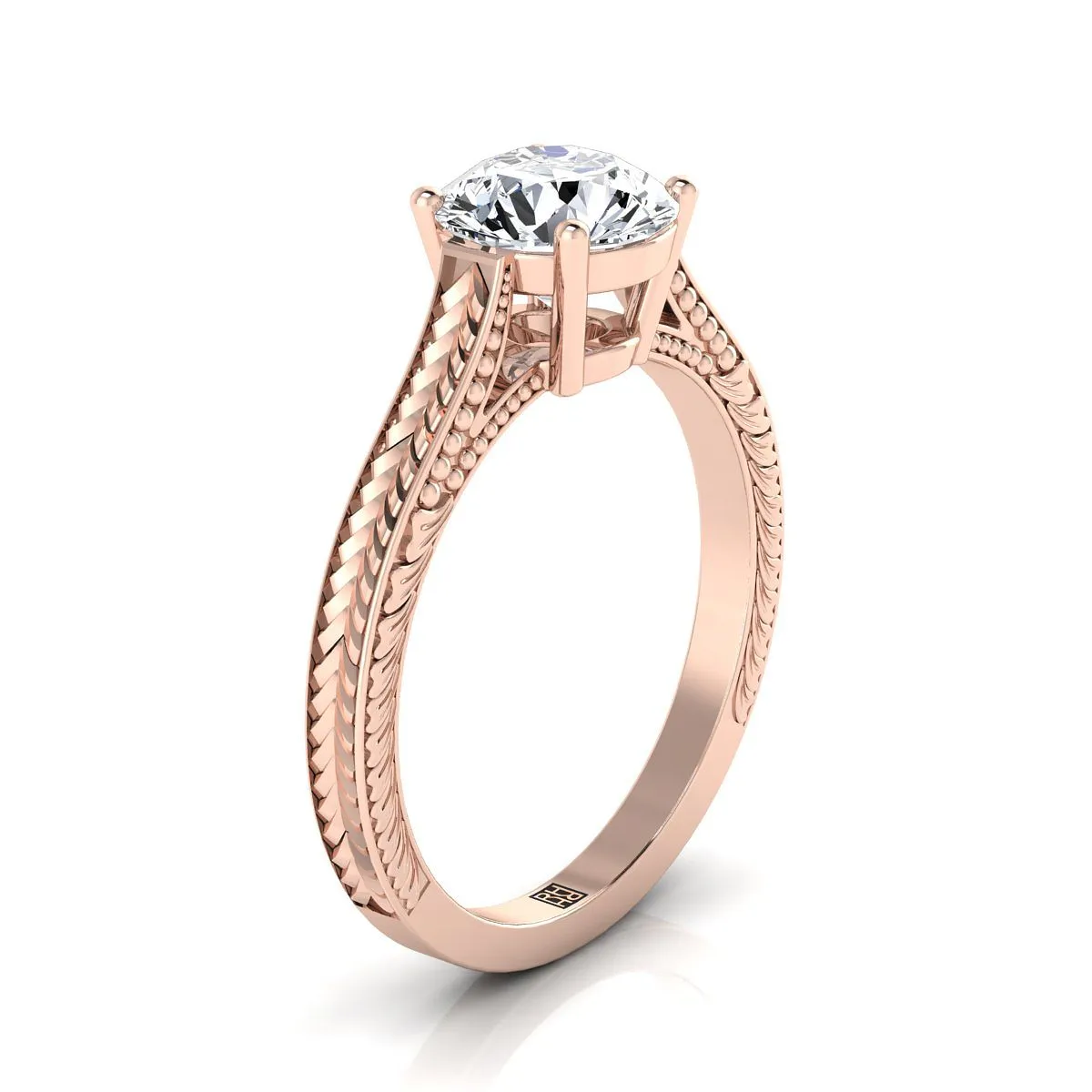 14K Rose Gold Round Brilliant  Hand Engraved Vintage Cathedral Style Solitaire Engagement Ring