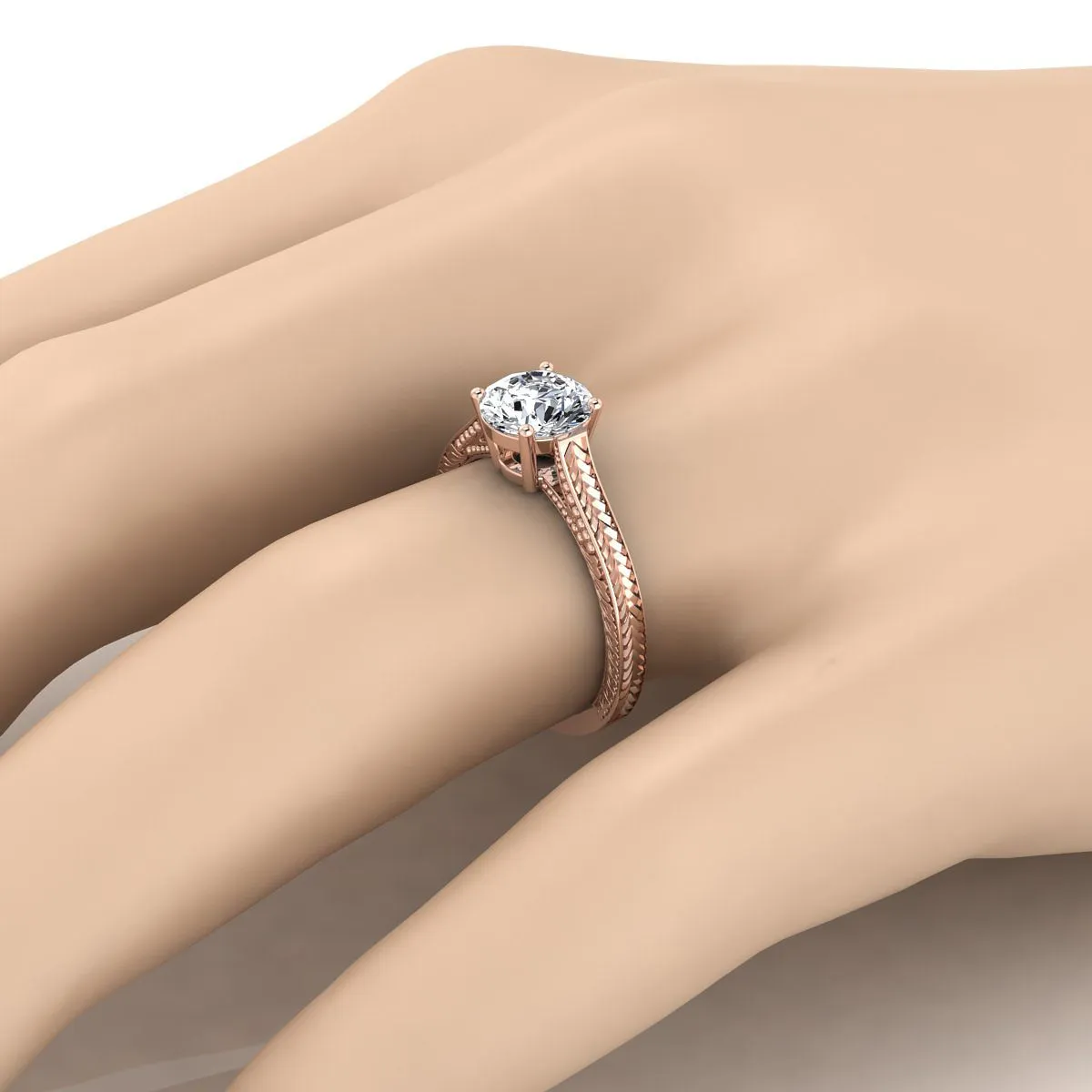 14K Rose Gold Round Brilliant  Hand Engraved Vintage Cathedral Style Solitaire Engagement Ring