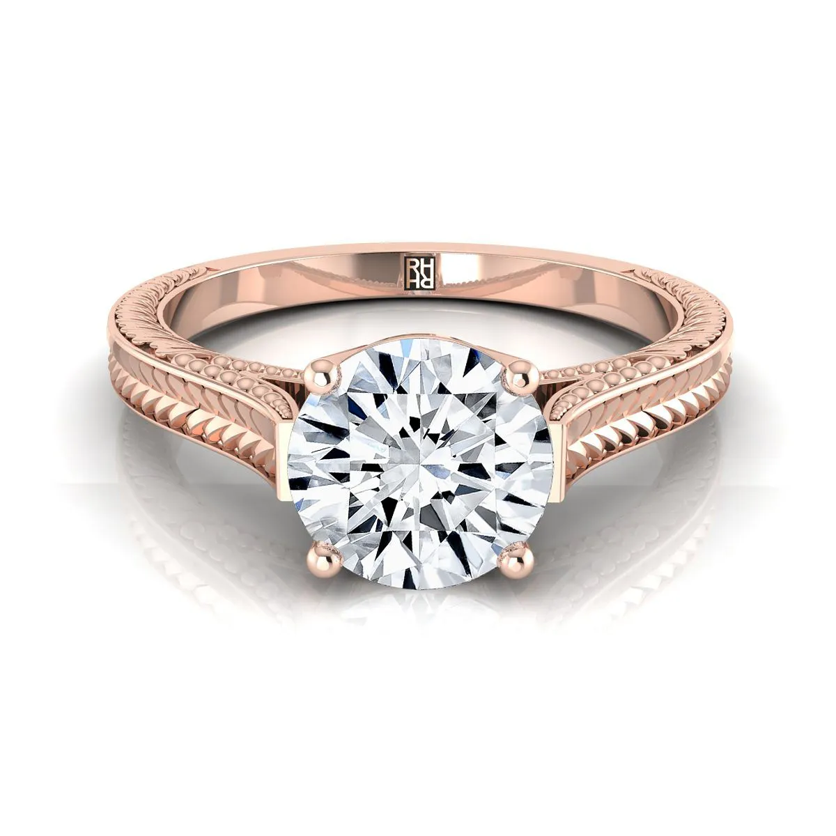 14K Rose Gold Round Brilliant  Hand Engraved Vintage Cathedral Style Solitaire Engagement Ring