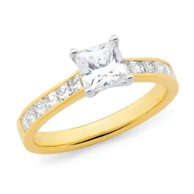 18CT Yellow Gold Princess Diamond Channel Set Shoulder Stone Engagement Ring