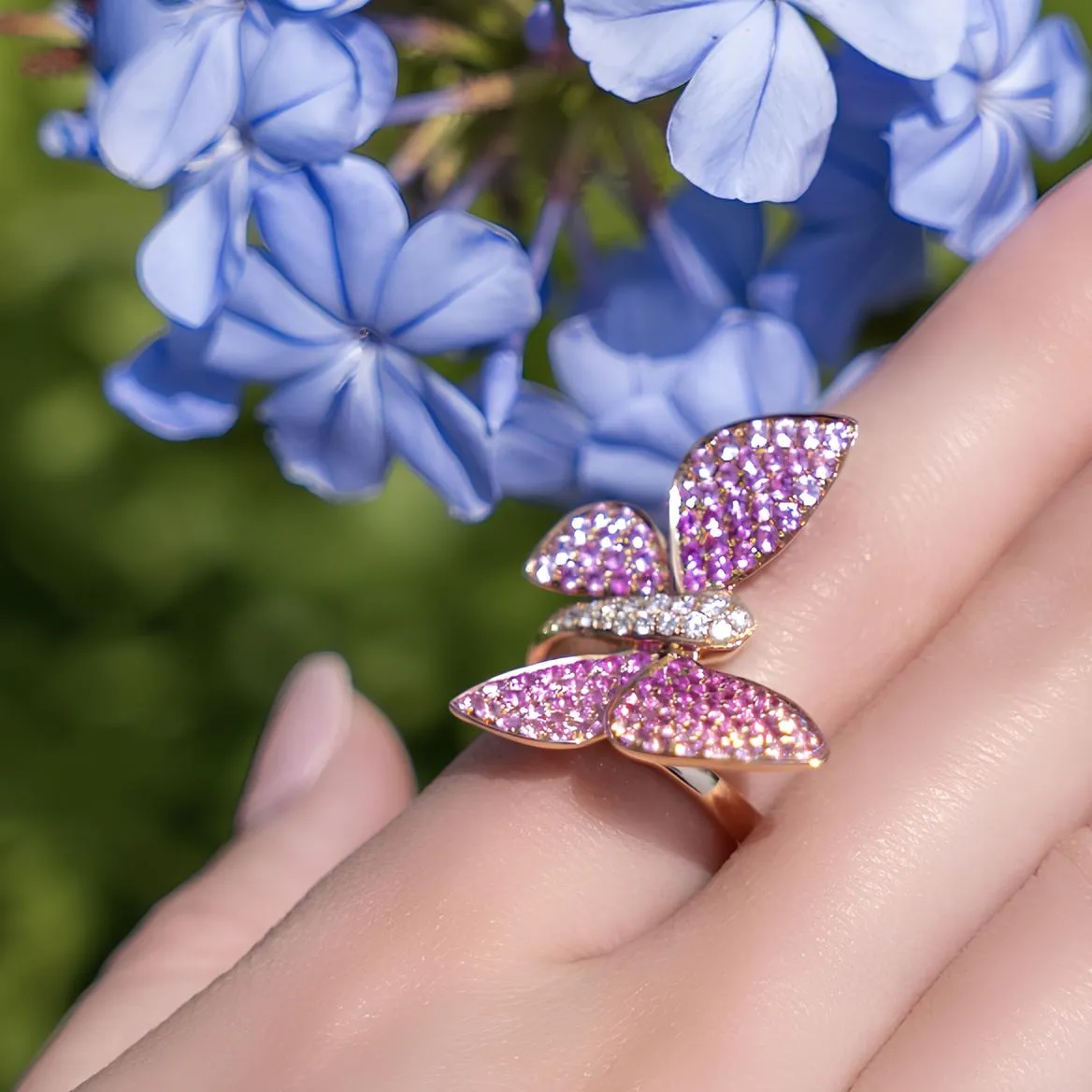 18K Gold Butterfly Ring with Diamonds and Sapphires