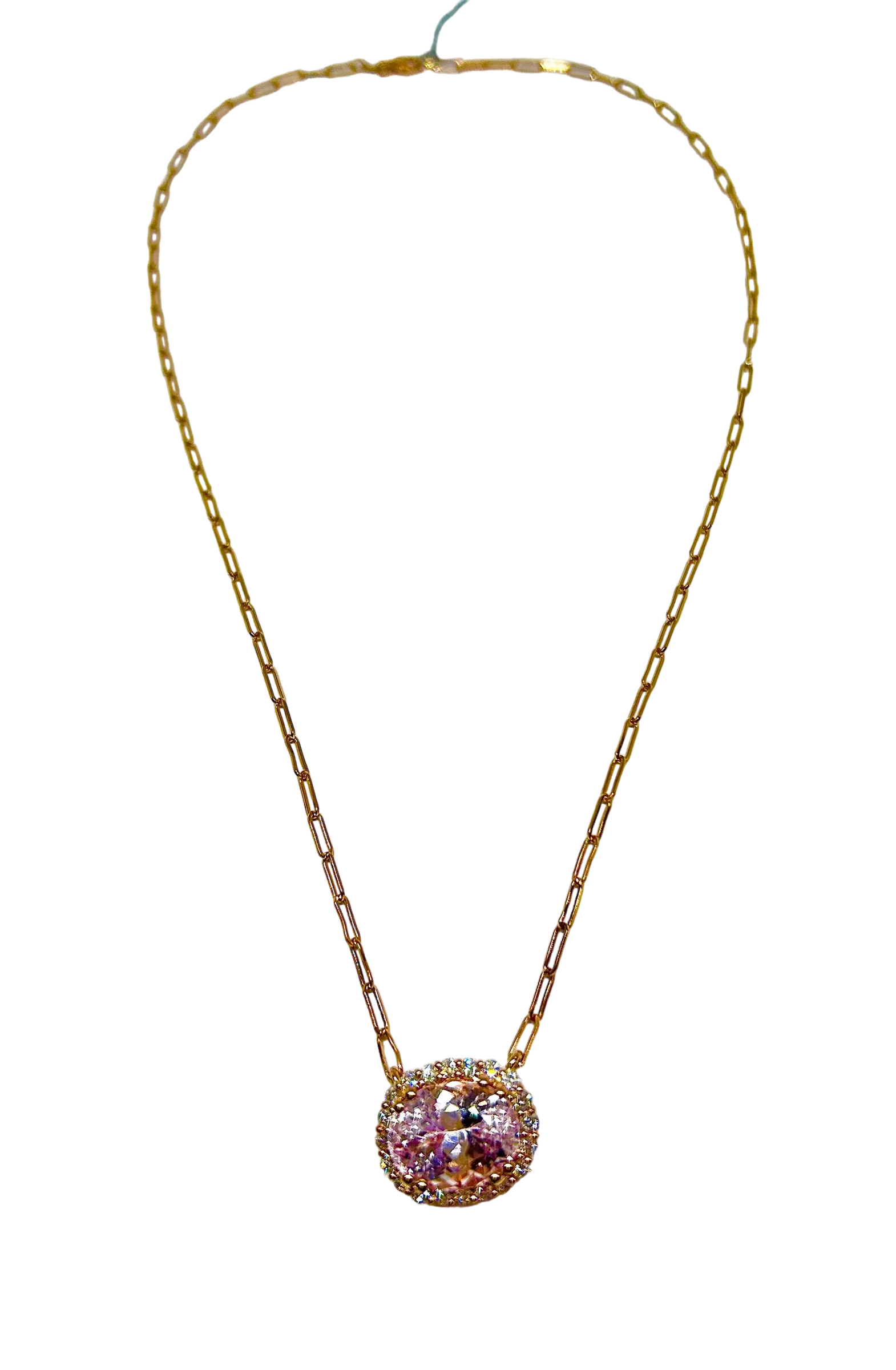 18k Rose Gold and Kunzite Necklace with Diamond Halo