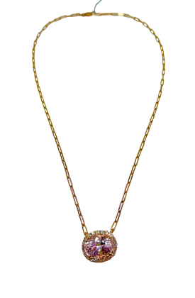 18k Rose Gold and Kunzite Necklace with Diamond Halo