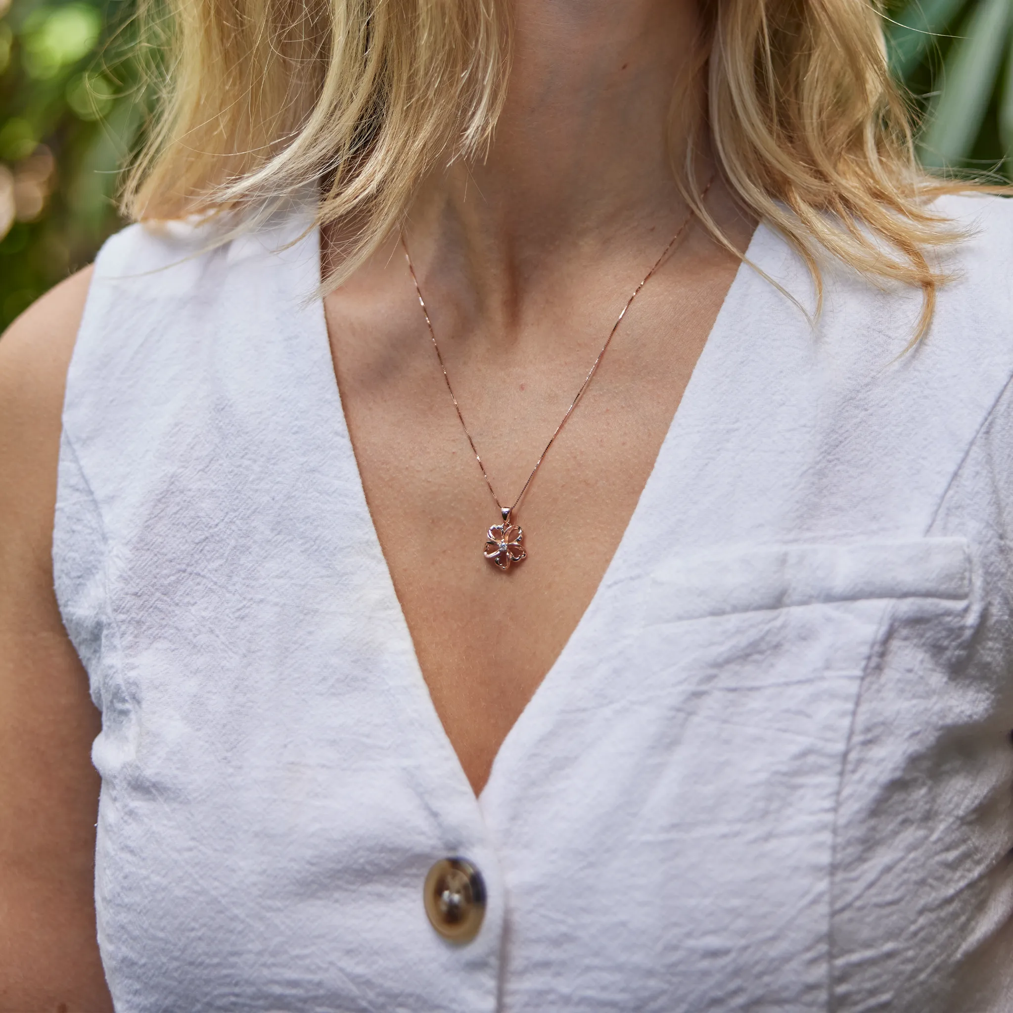 18" Plumeria Pendant / Necklace in Rose Gold with Diamond - 14mm