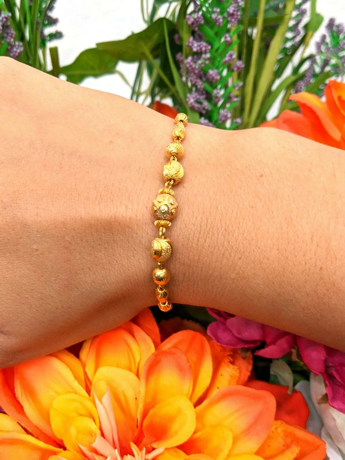 7 In 22K Yellow Gold Detailed Hand Crafted Beaded Bracelet 6.9g
