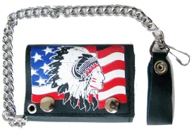 AMERICAN FLAG INDIAN CHIEF TRIFOLD LEATHER WALLET WITH CHAIN