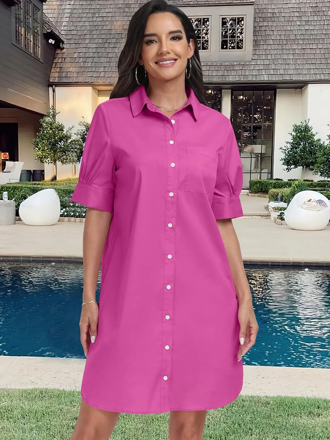 ANRABESS Womens Button Down Shirt Dress Summer Short Sleeve Business Casual Shift Dresses with Pockets 2025 Trendy
