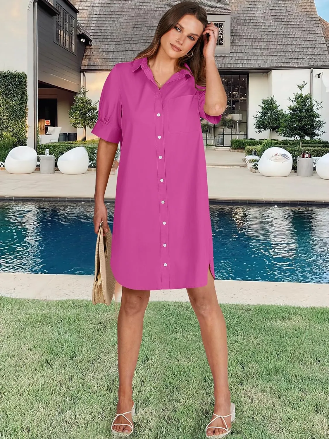 ANRABESS Womens Button Down Shirt Dress Summer Short Sleeve Business Casual Shift Dresses with Pockets 2025 Trendy