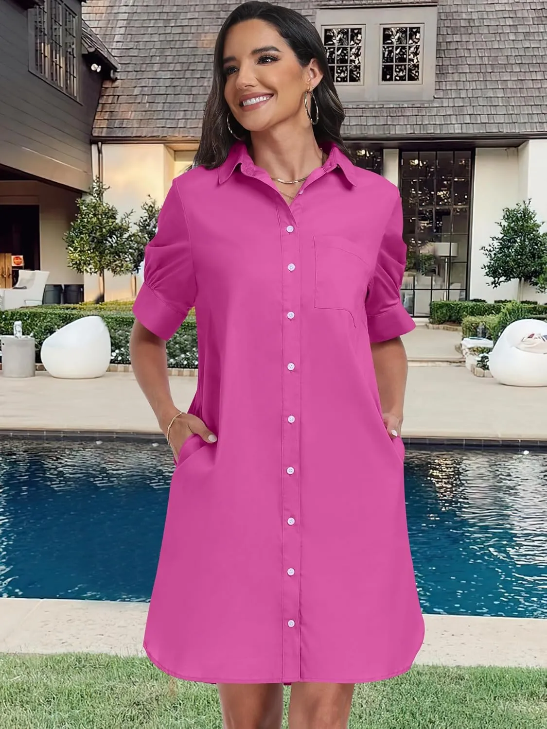 ANRABESS Womens Button Down Shirt Dress Summer Short Sleeve Business Casual Shift Dresses with Pockets 2025 Trendy