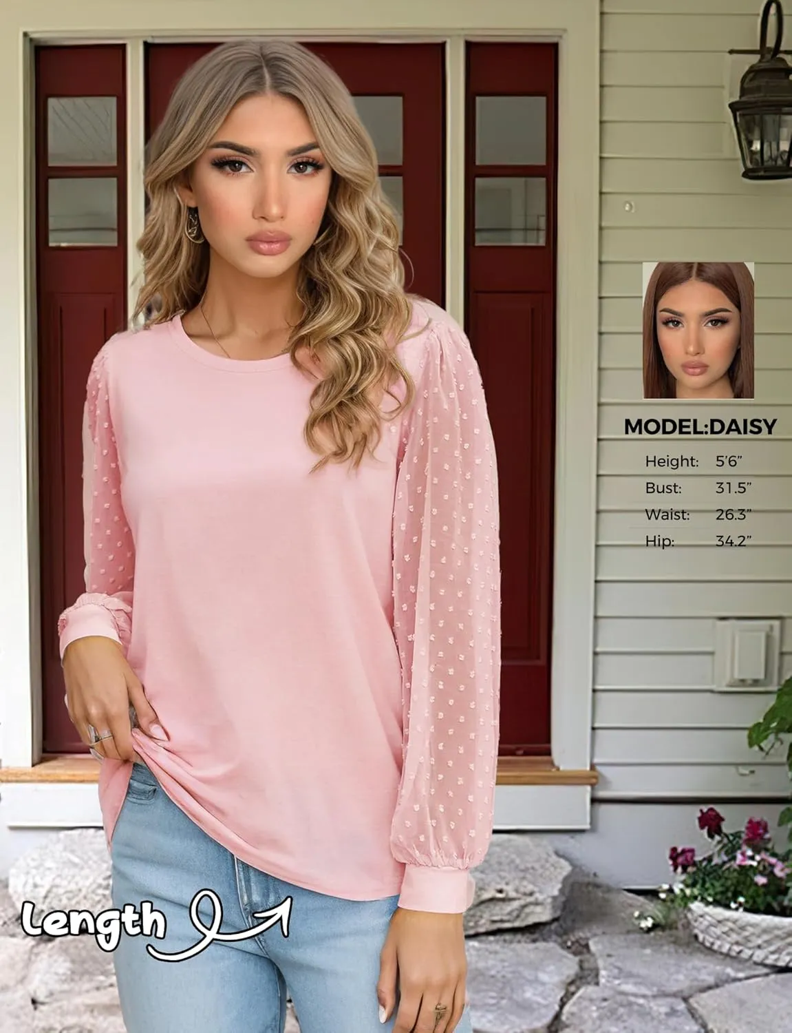 AURUZA Womens Mesh Long Sleeve Shirts Dressy Casual Blouses Tops Balloon Tunic Trendy Crew Neck Clothes Outfits