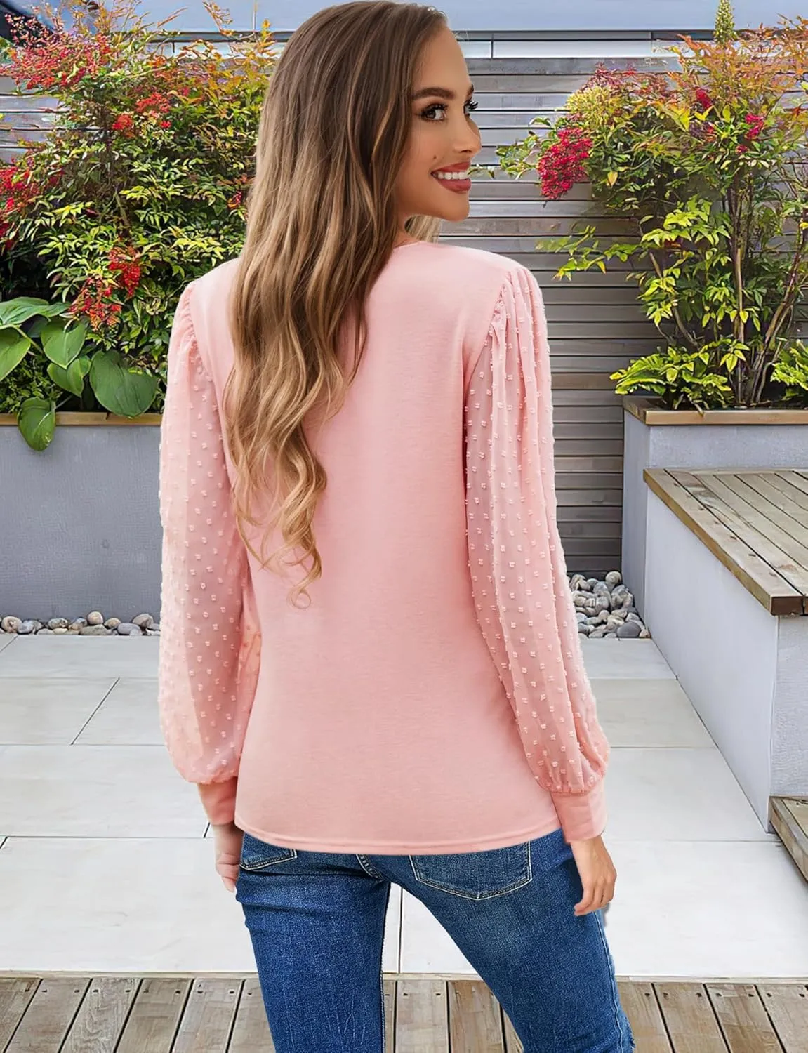 AURUZA Womens Mesh Long Sleeve Shirts Dressy Casual Blouses Tops Balloon Tunic Trendy Crew Neck Clothes Outfits
