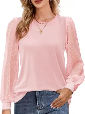AURUZA Womens Mesh Long Sleeve Shirts Dressy Casual Blouses Tops Balloon Tunic Trendy Crew Neck Clothes Outfits