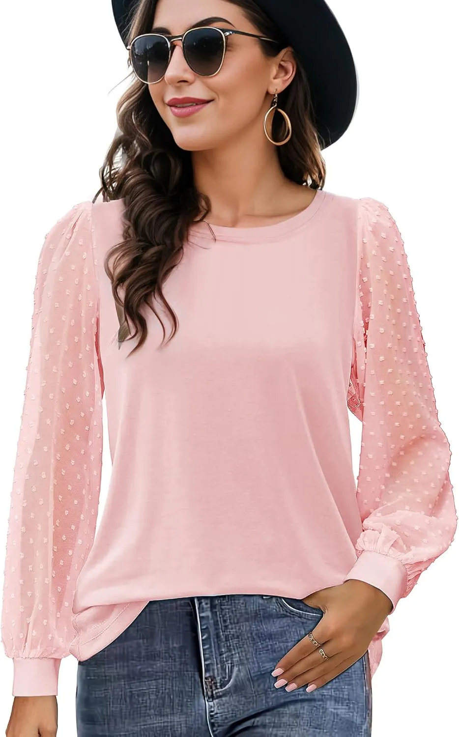 AURUZA Womens Mesh Long Sleeve Shirts Dressy Casual Blouses Tops Balloon Tunic Trendy Crew Neck Clothes Outfits