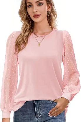 AURUZA Womens Mesh Long Sleeve Shirts Dressy Casual Blouses Tops Balloon Tunic Trendy Crew Neck Clothes Outfits