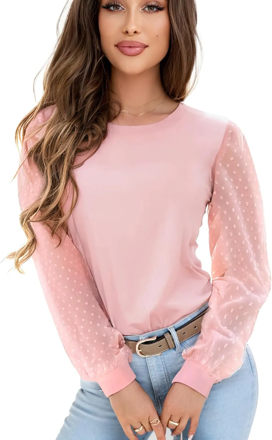 AURUZA Womens Mesh Long Sleeve Shirts Dressy Casual Blouses Tops Balloon Tunic Trendy Crew Neck Clothes Outfits