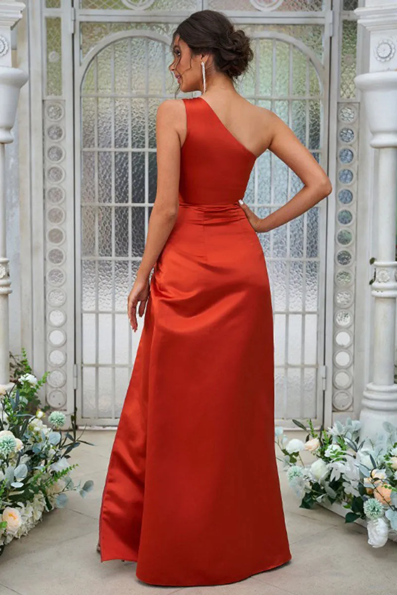 B4048 - One Shoulder Sleeveless Ruched Satin Sheath Bridesmaid Dress