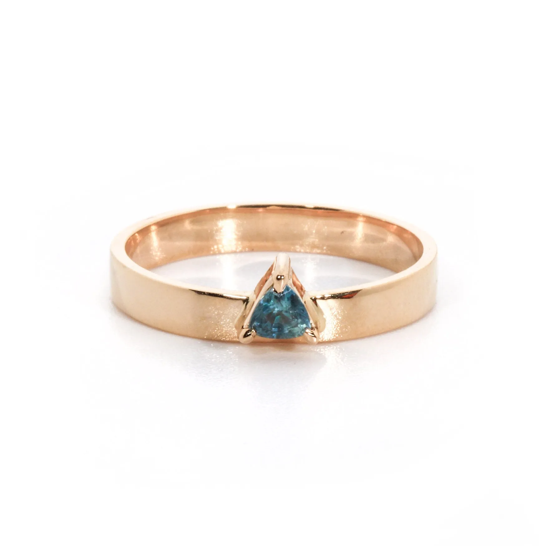 Band Ring with Trillion Cut Teal Sapphire (3.5mm), Solid 14k Gold | LIMITED