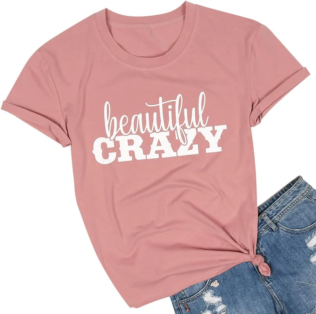 Beautiful Crazy T-Shirt Women Western Country Music Shirts Inspirational Letter Print Tee Cowgirl Vintage Graphic Tee Tops