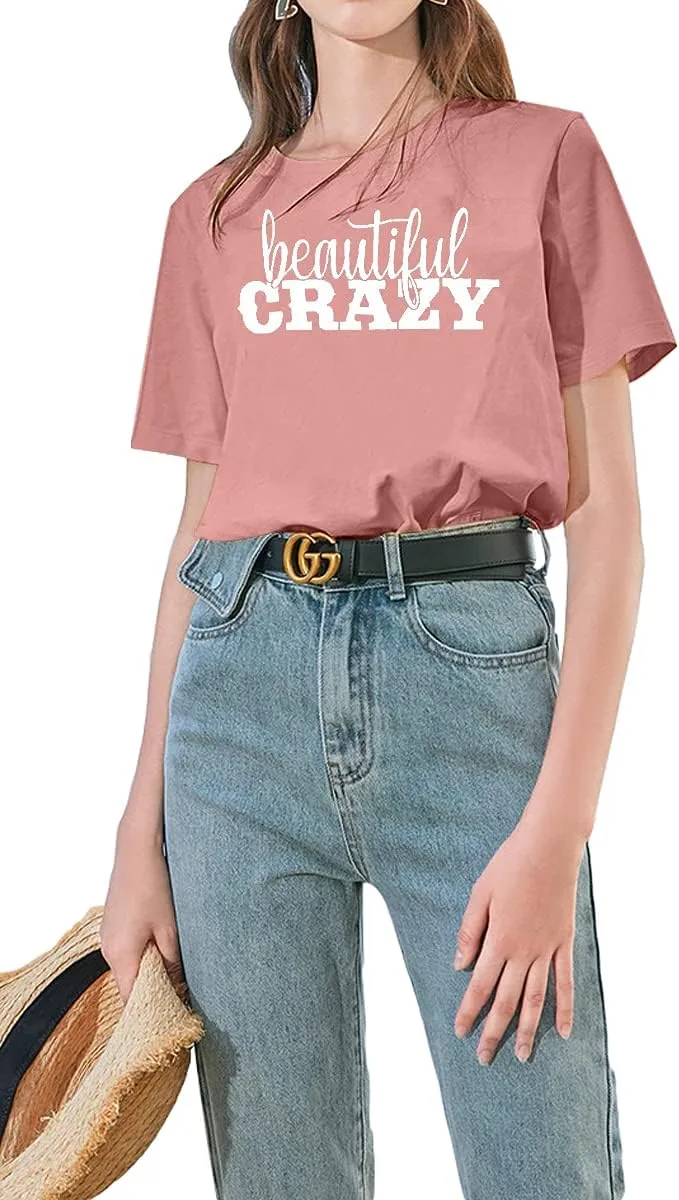 Beautiful Crazy T-Shirt Women Western Country Music Shirts Inspirational Letter Print Tee Cowgirl Vintage Graphic Tee Tops