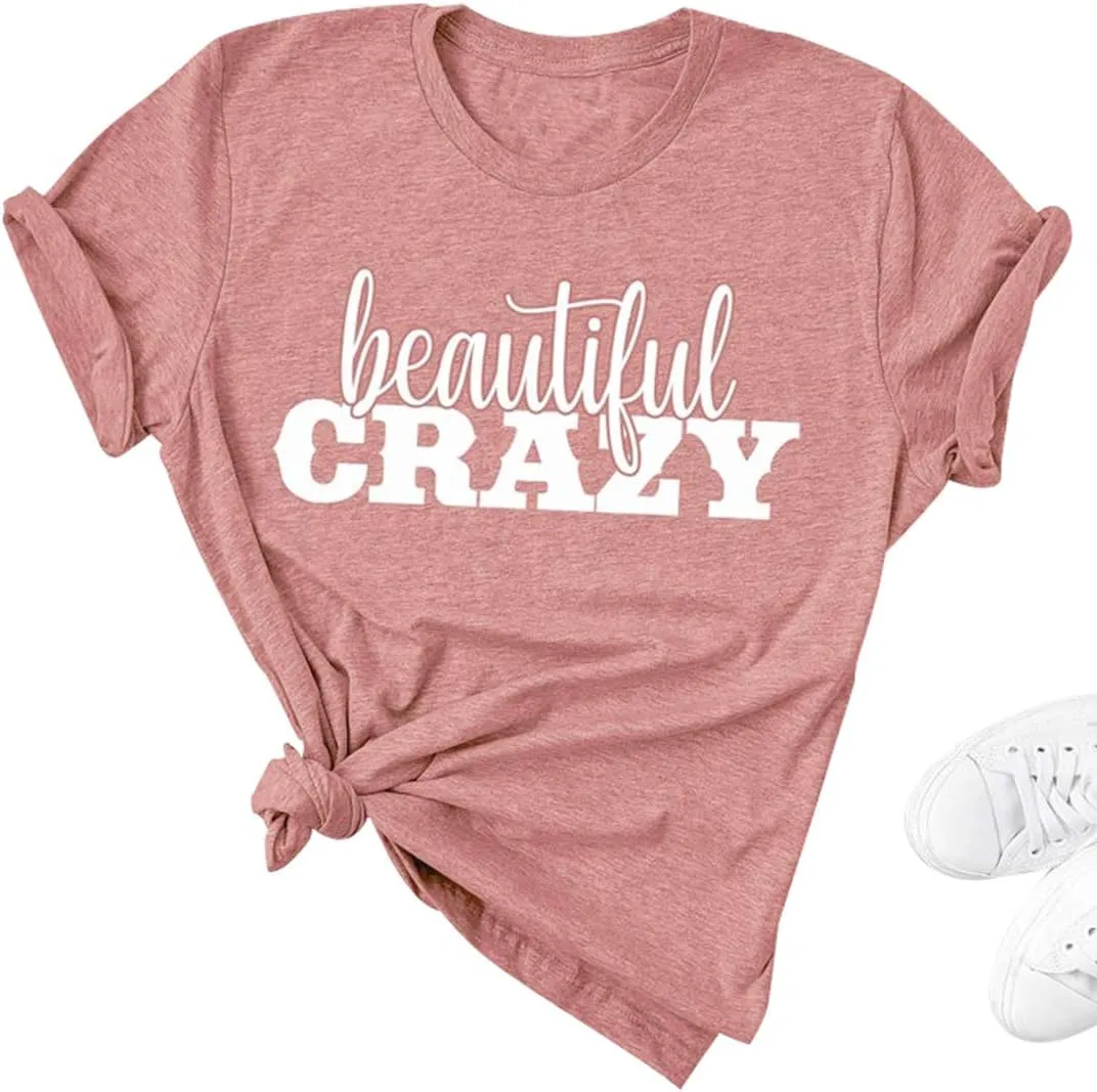 Beautiful Crazy T-Shirt Women Western Country Music Shirts Inspirational Letter Print Tee Cowgirl Vintage Graphic Tee Tops