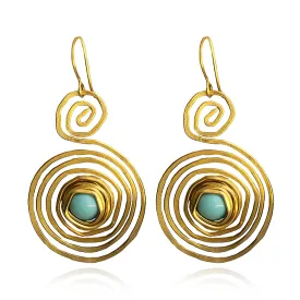 Boho Turquoise Swirl Wire Spiral Earrings for Women Handmade Unique Western Turquoise Tribal Gypsy Gold Geometric Dangle Earrings Birthday Christmas Jewelry Gifts (Gold)