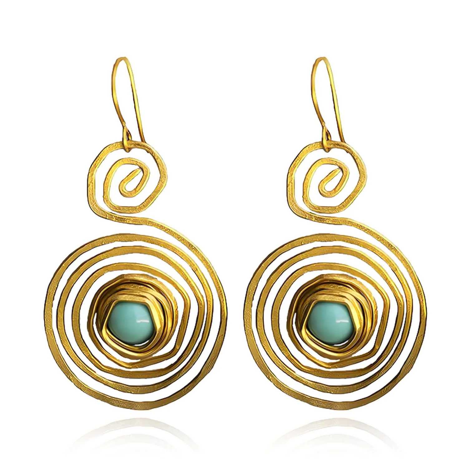 Boho Turquoise Swirl Wire Spiral Earrings for Women Handmade Unique Western Turquoise Tribal Gypsy Gold Geometric Dangle Earrings Birthday Christmas Jewelry Gifts (Gold)