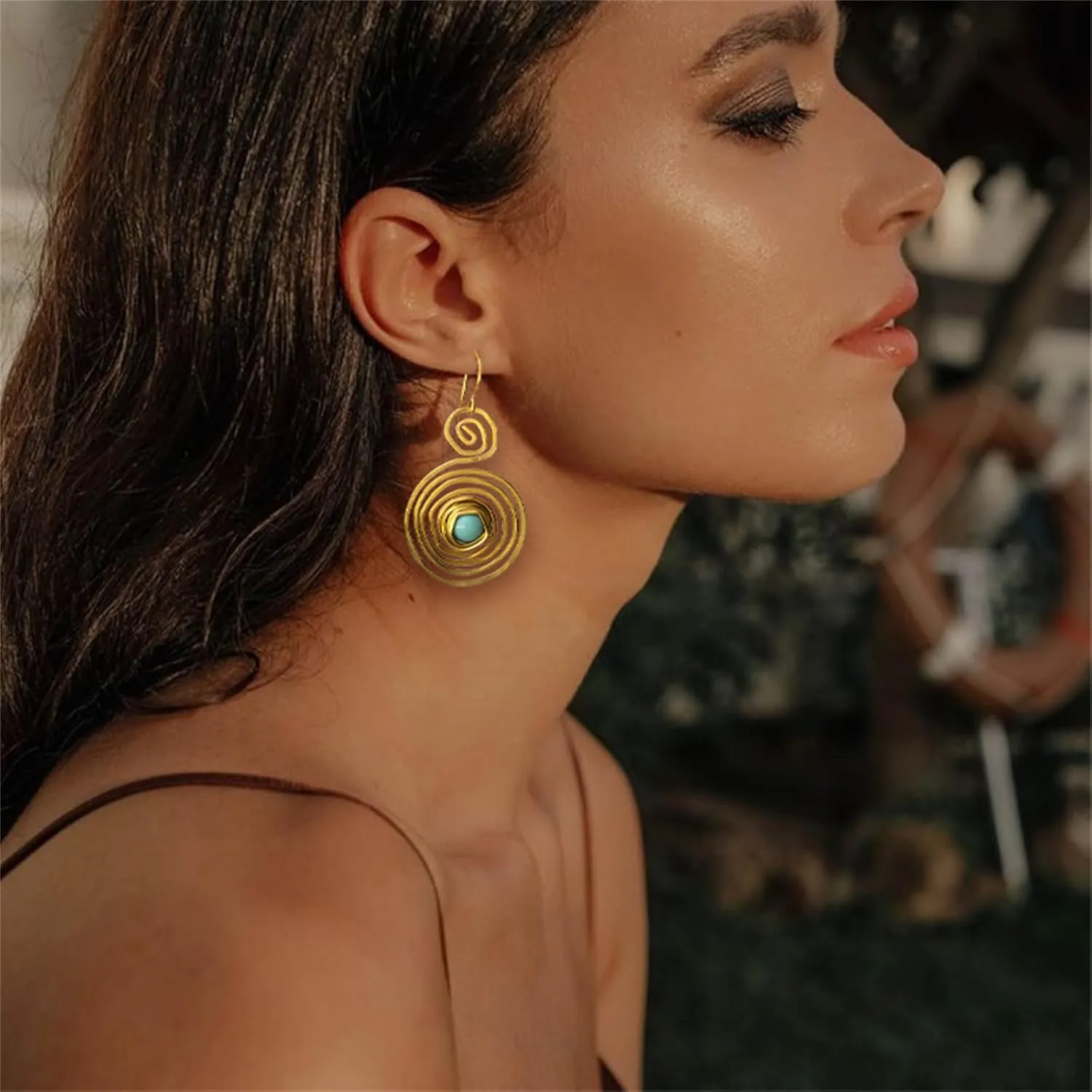 Boho Turquoise Swirl Wire Spiral Earrings for Women Handmade Unique Western Turquoise Tribal Gypsy Gold Geometric Dangle Earrings Birthday Christmas Jewelry Gifts (Gold)