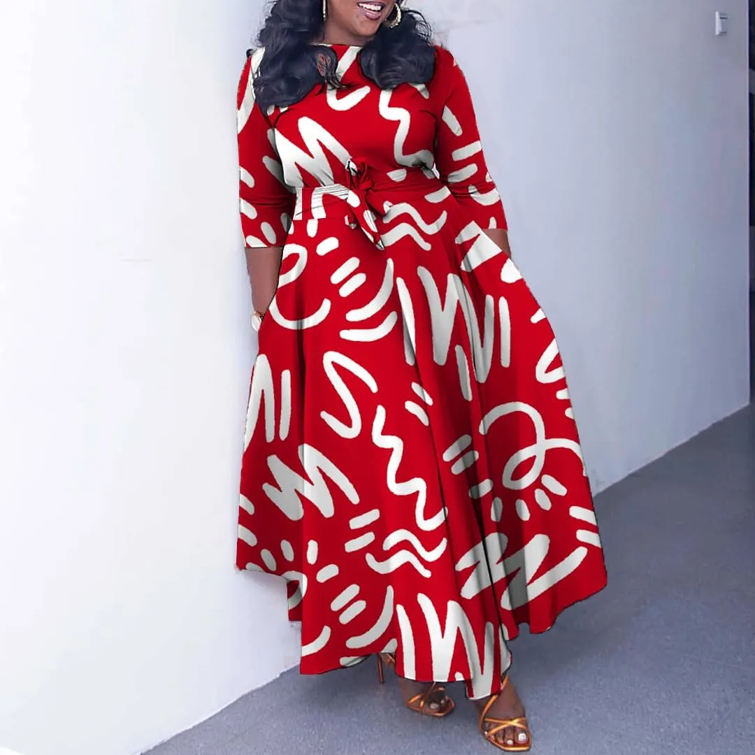 Casual Floral Print Plus Size Maxi Dress for Women 3/4 Sleeve High Waist Flowy Ruffle Fall Dresses with Belt