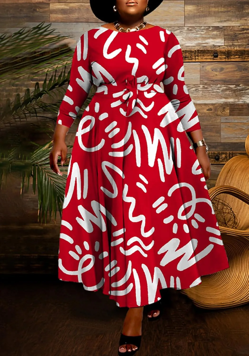 Casual Floral Print Plus Size Maxi Dress for Women 3/4 Sleeve High Waist Flowy Ruffle Fall Dresses with Belt