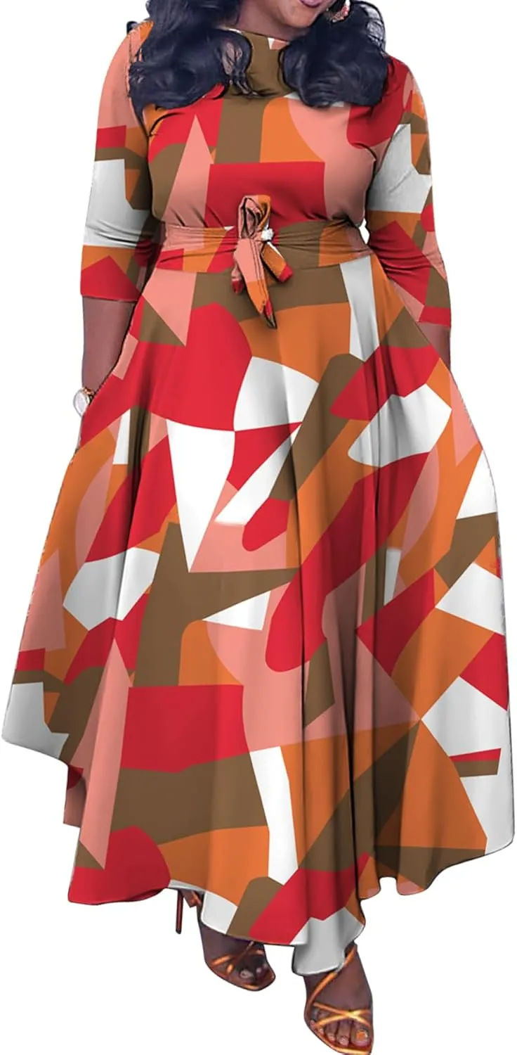 Casual Floral Print Plus Size Maxi Dress for Women 3/4 Sleeve High Waist Flowy Ruffle Fall Dresses with Belt