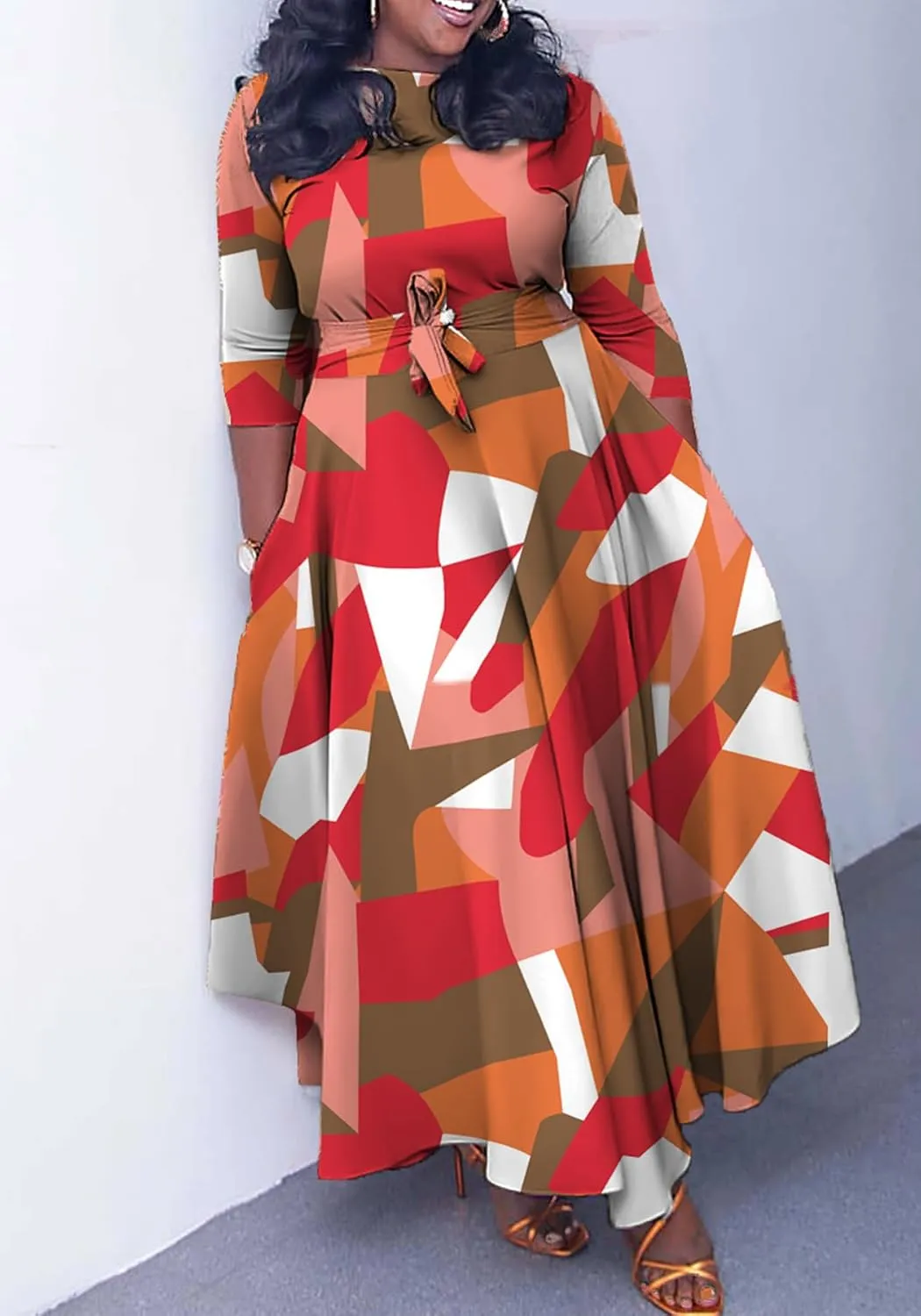 Casual Floral Print Plus Size Maxi Dress for Women 3/4 Sleeve High Waist Flowy Ruffle Fall Dresses with Belt