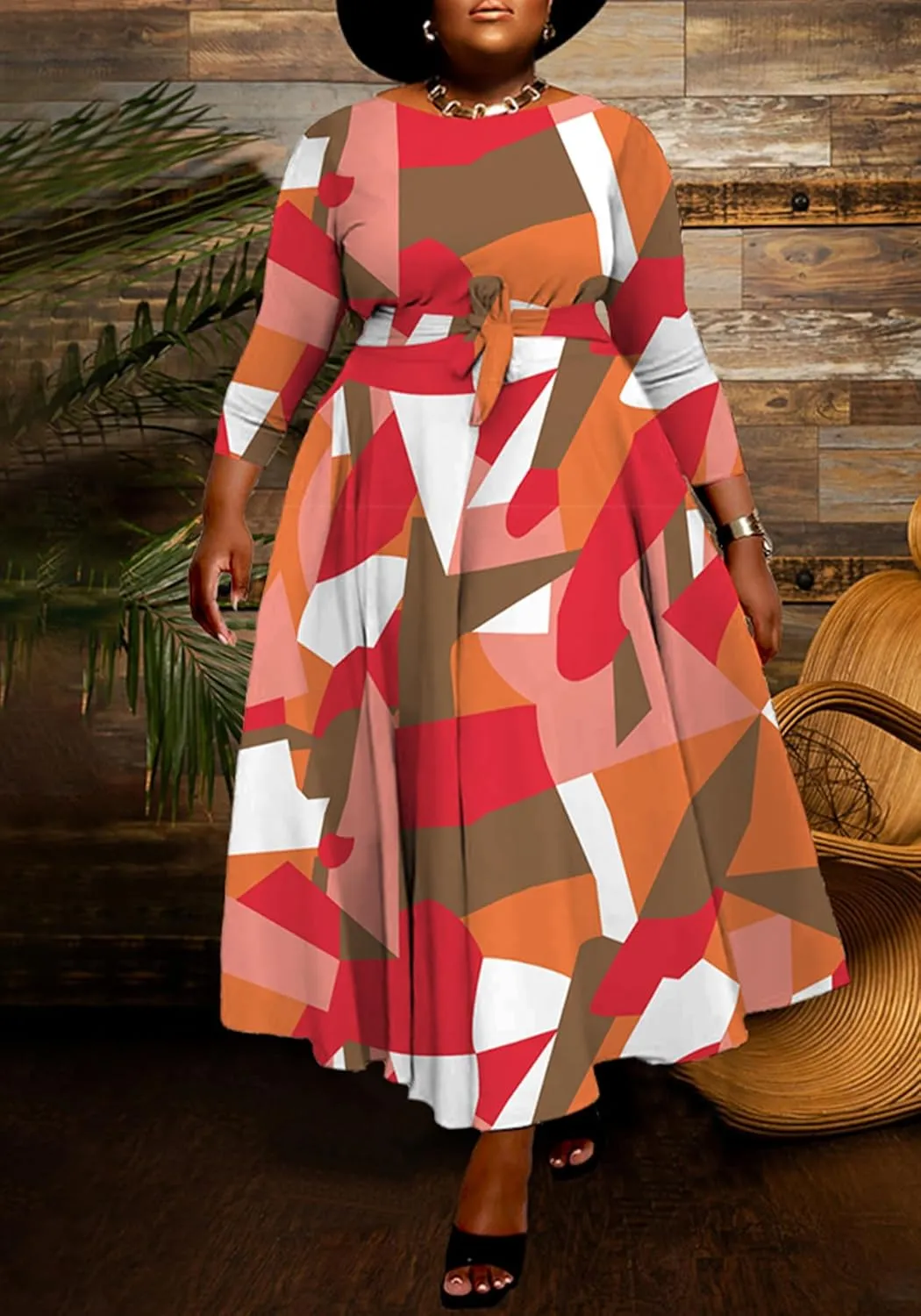 Casual Floral Print Plus Size Maxi Dress for Women 3/4 Sleeve High Waist Flowy Ruffle Fall Dresses with Belt