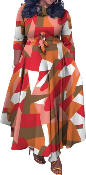 Casual Floral Print Plus Size Maxi Dress for Women 3/4 Sleeve High Waist Flowy Ruffle Fall Dresses with Belt