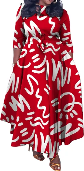 Casual Floral Print Plus Size Maxi Dress for Women 3/4 Sleeve High Waist Flowy Ruffle Fall Dresses with Belt