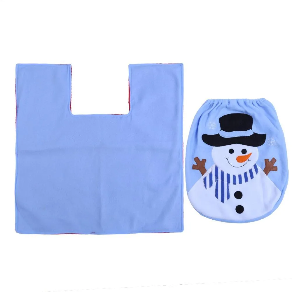 Christmas Decor Blue Santa Toilet Seat Cover Paper Rug Bathroom Set