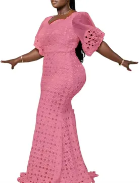 Cololura Elegant Plus Size Lantern Sleeve Hollow Bodycon Formal Gown Maxi Dress