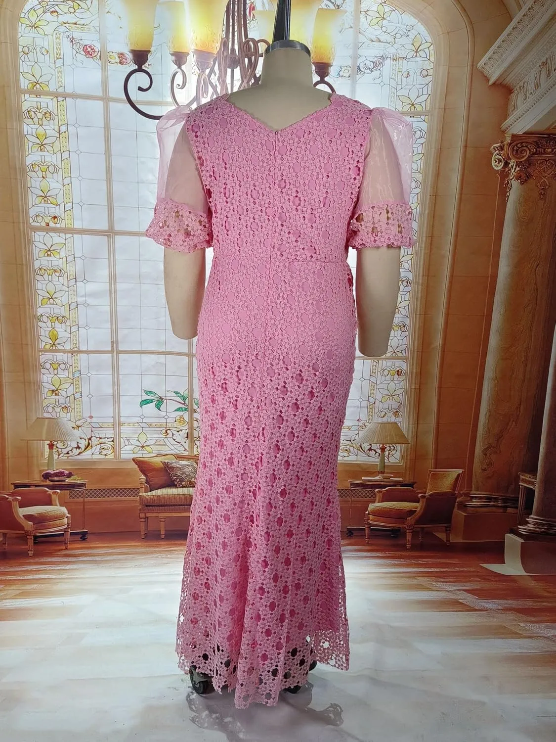 Cololura Elegant Plus Size Lantern Sleeve Hollow Bodycon Formal Gown Maxi Dress