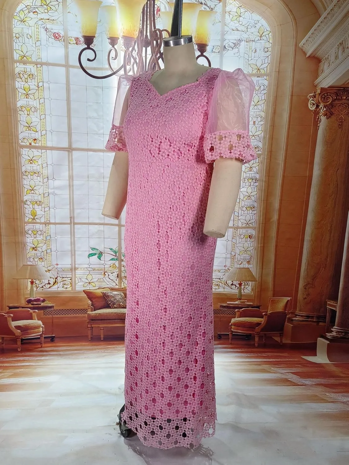 Cololura Elegant Plus Size Lantern Sleeve Hollow Bodycon Formal Gown Maxi Dress