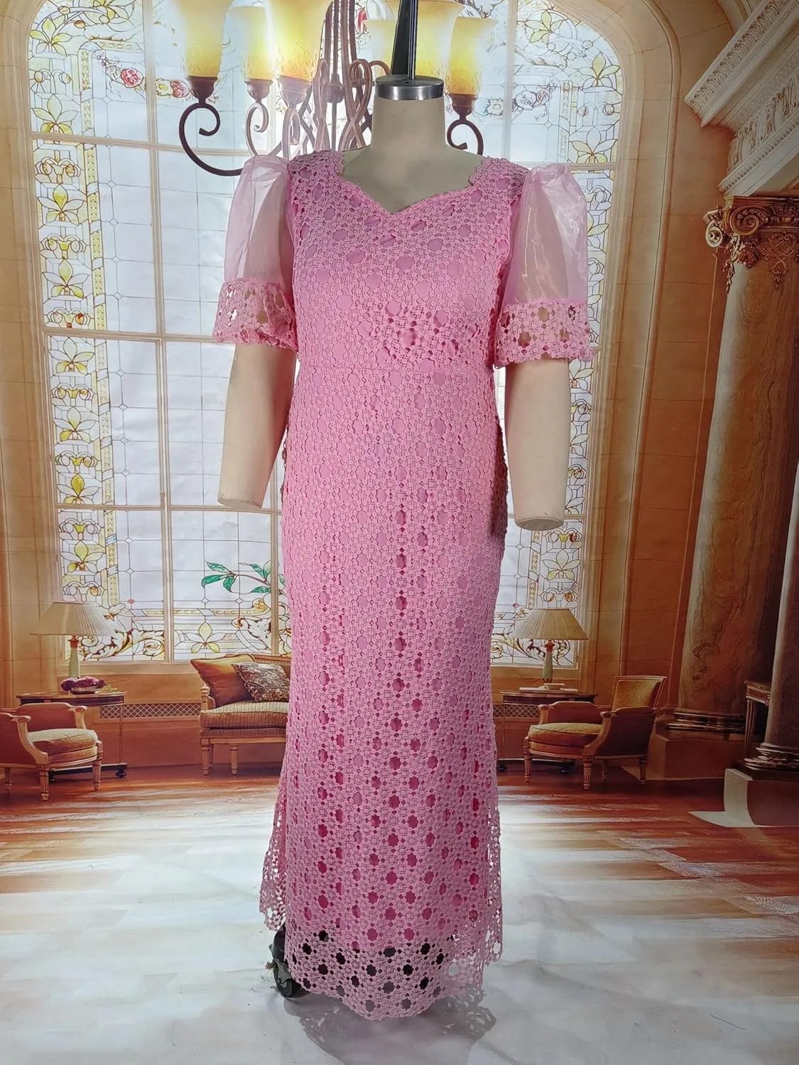 Cololura Elegant Plus Size Lantern Sleeve Hollow Bodycon Formal Gown Maxi Dress