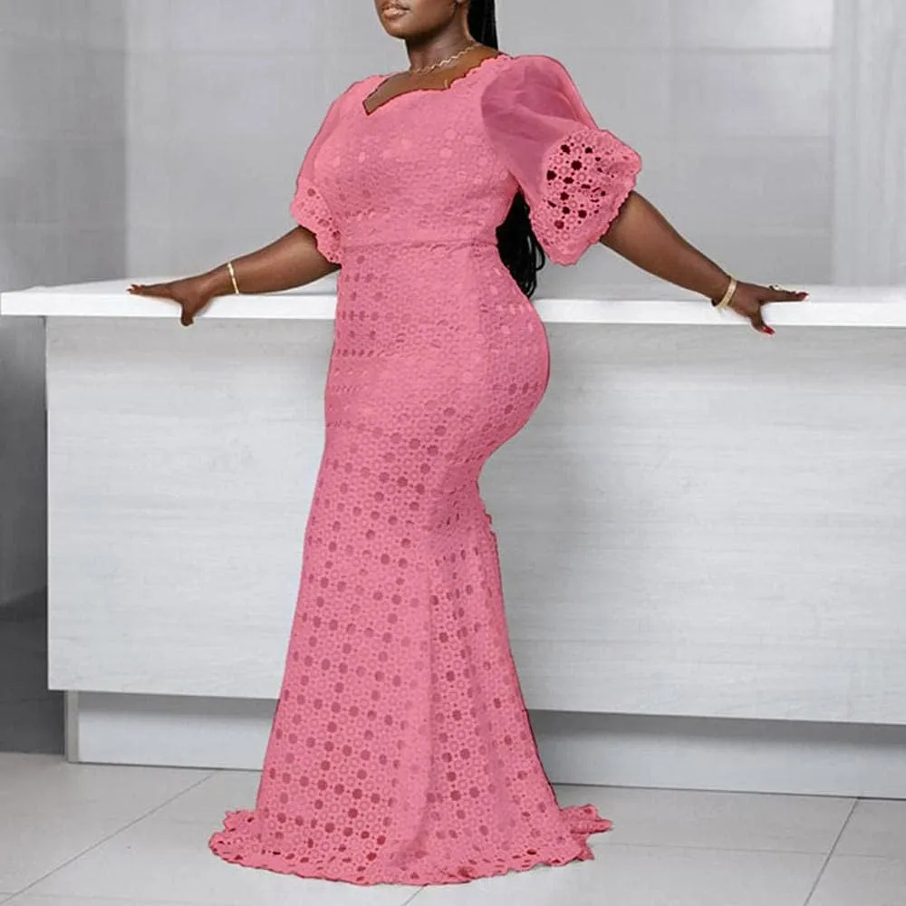 Cololura Elegant Plus Size Lantern Sleeve Hollow Bodycon Formal Gown Maxi Dress