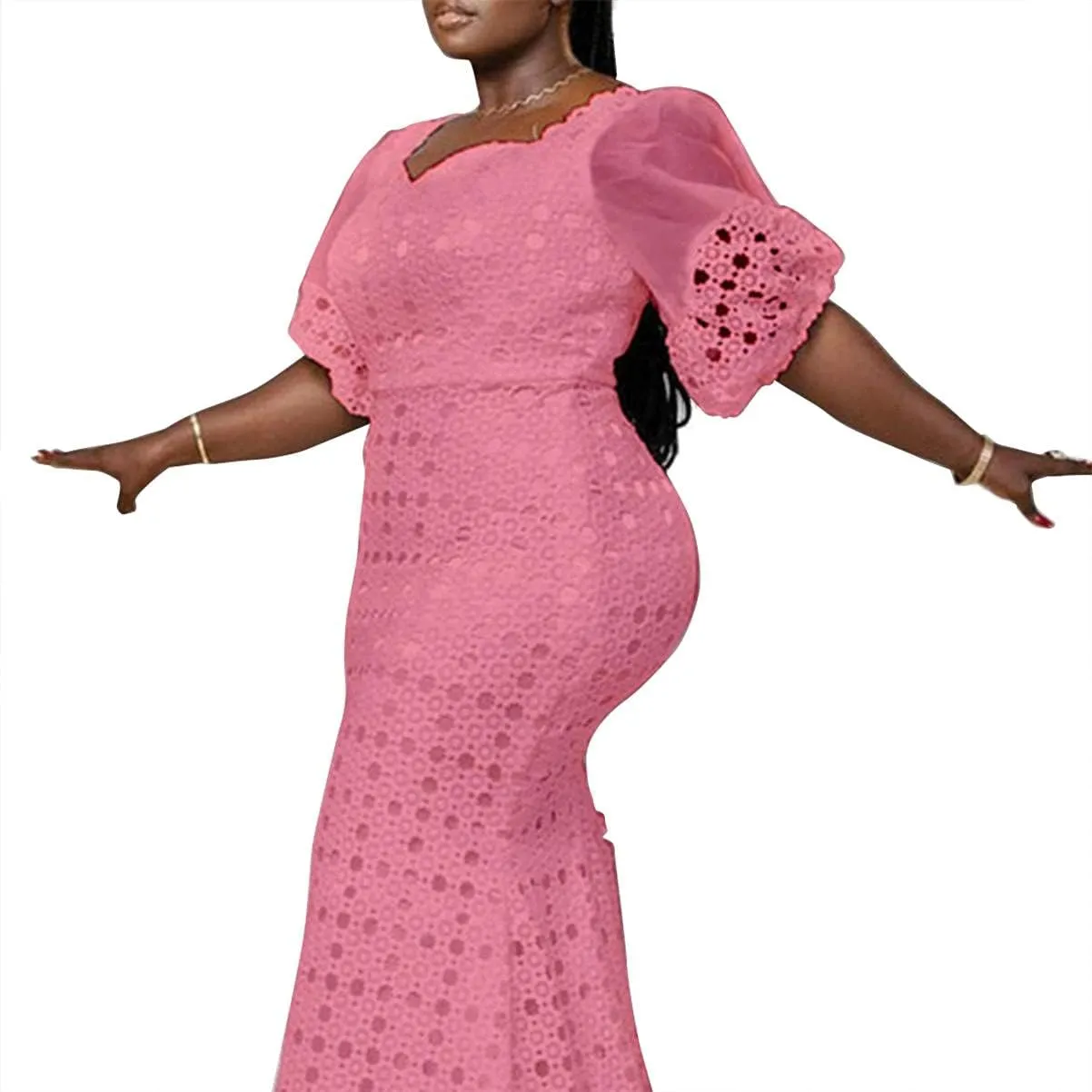 Cololura Elegant Plus Size Lantern Sleeve Hollow Bodycon Formal Gown Maxi Dress