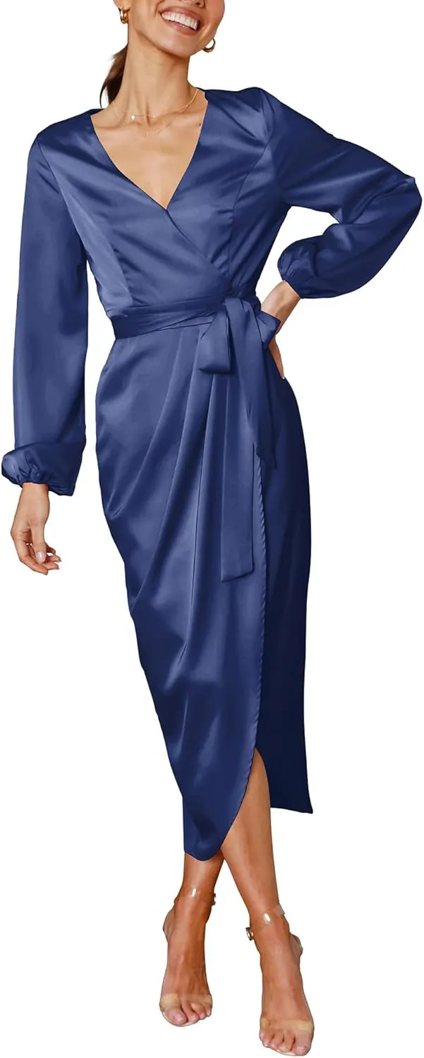 Cosonsen Women's Long Sleeve V-Neck Tie Waist Split Formal Cocktail Wedding Guest Dresses