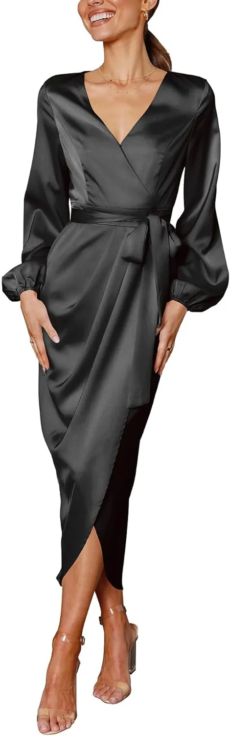 Cosonsen Women's Long Sleeve V-Neck Tie Waist Split Formal Cocktail Wedding Guest Dresses