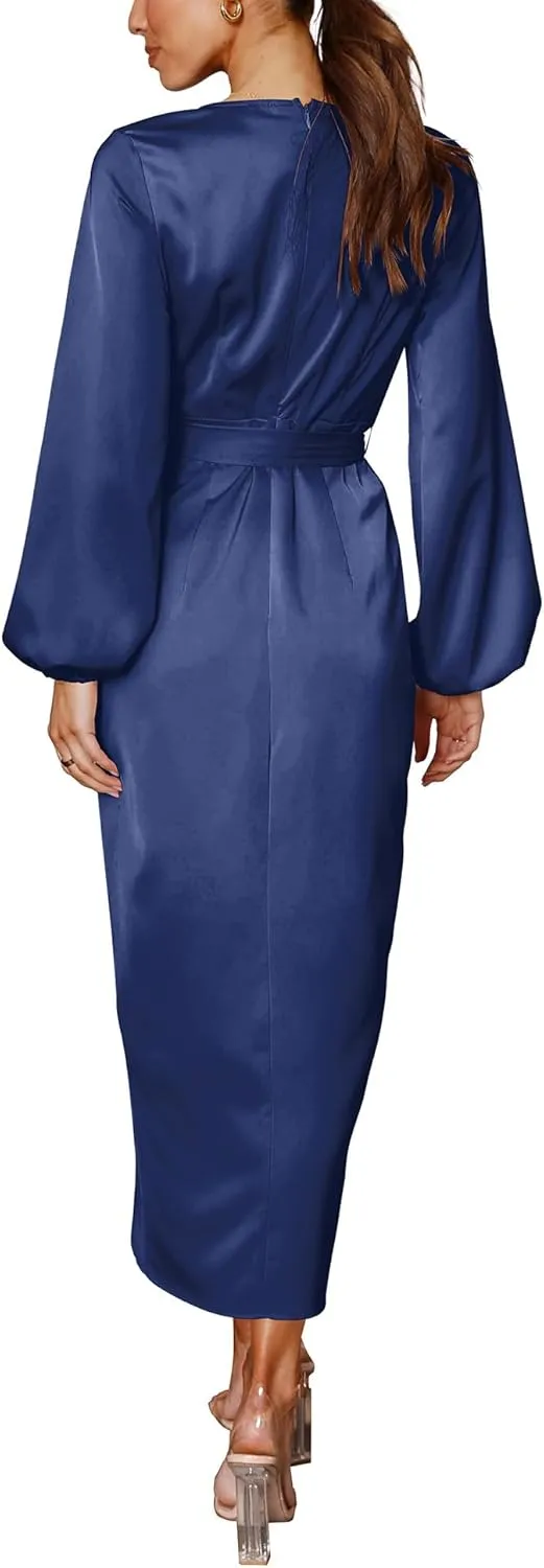 Cosonsen Women's Long Sleeve V-Neck Tie Waist Split Formal Cocktail Wedding Guest Dresses