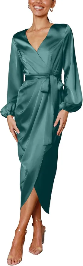 Cosonsen Women's Long Sleeve V-Neck Tie Waist Split Formal Cocktail Wedding Guest Dresses