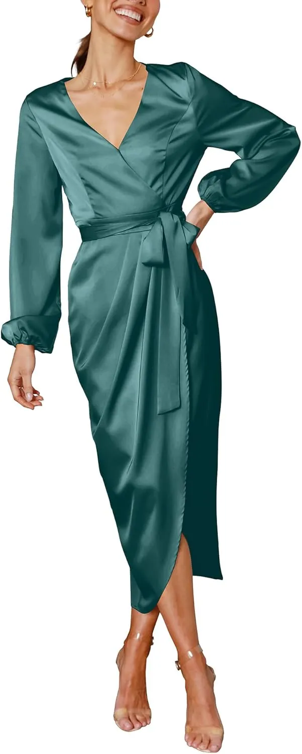 Cosonsen Women's Long Sleeve V-Neck Tie Waist Split Formal Cocktail Wedding Guest Dresses